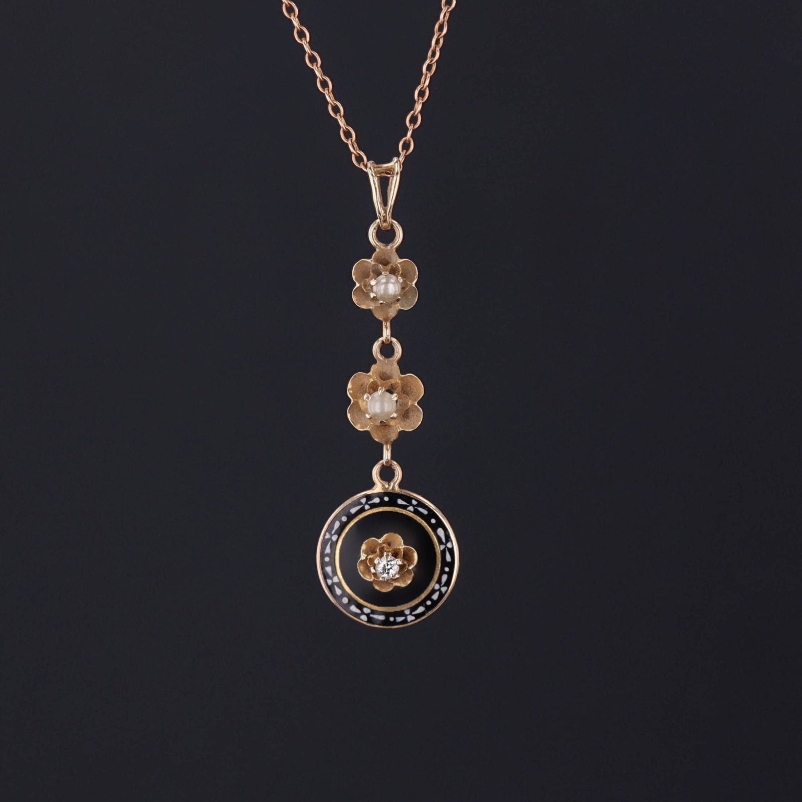 Antique Diamond and Enamel Lavalier Pendant of 10k Gold - Trademark Antiques