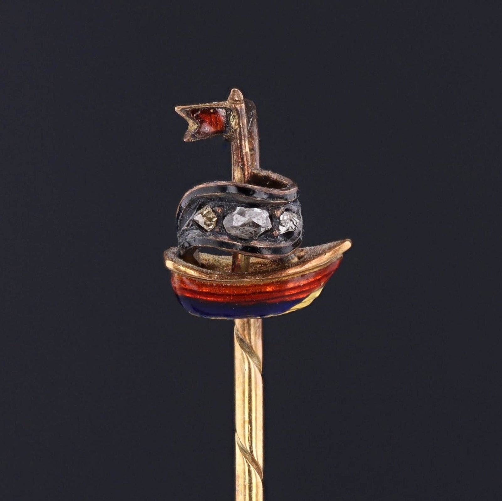 Antique Diamond and Enamel Sailboat Stickpin 14k Gold - Trademark Antiques