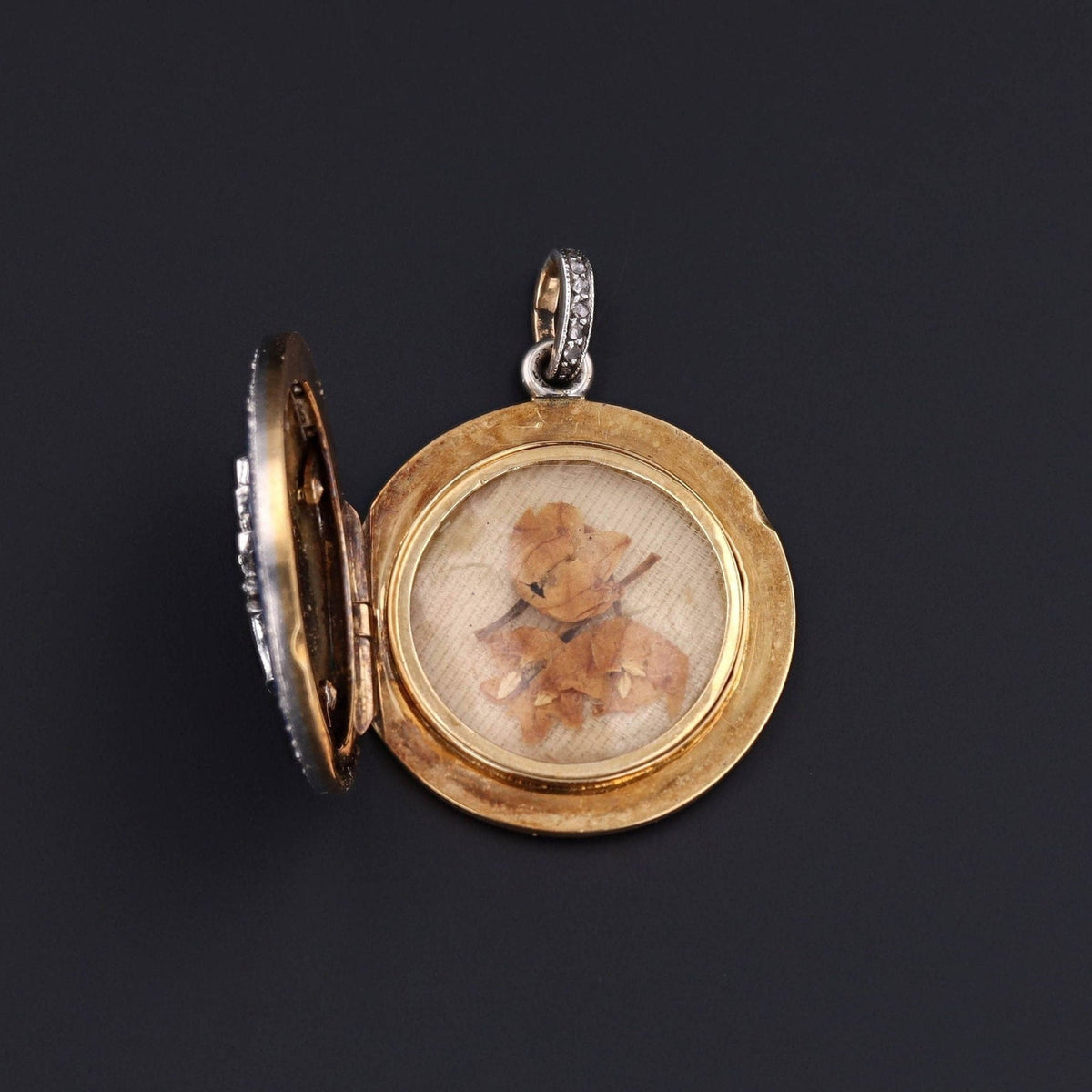 Antique Diamond and Guilloche Enamel Flower Basket Locket - Trademark Antiques