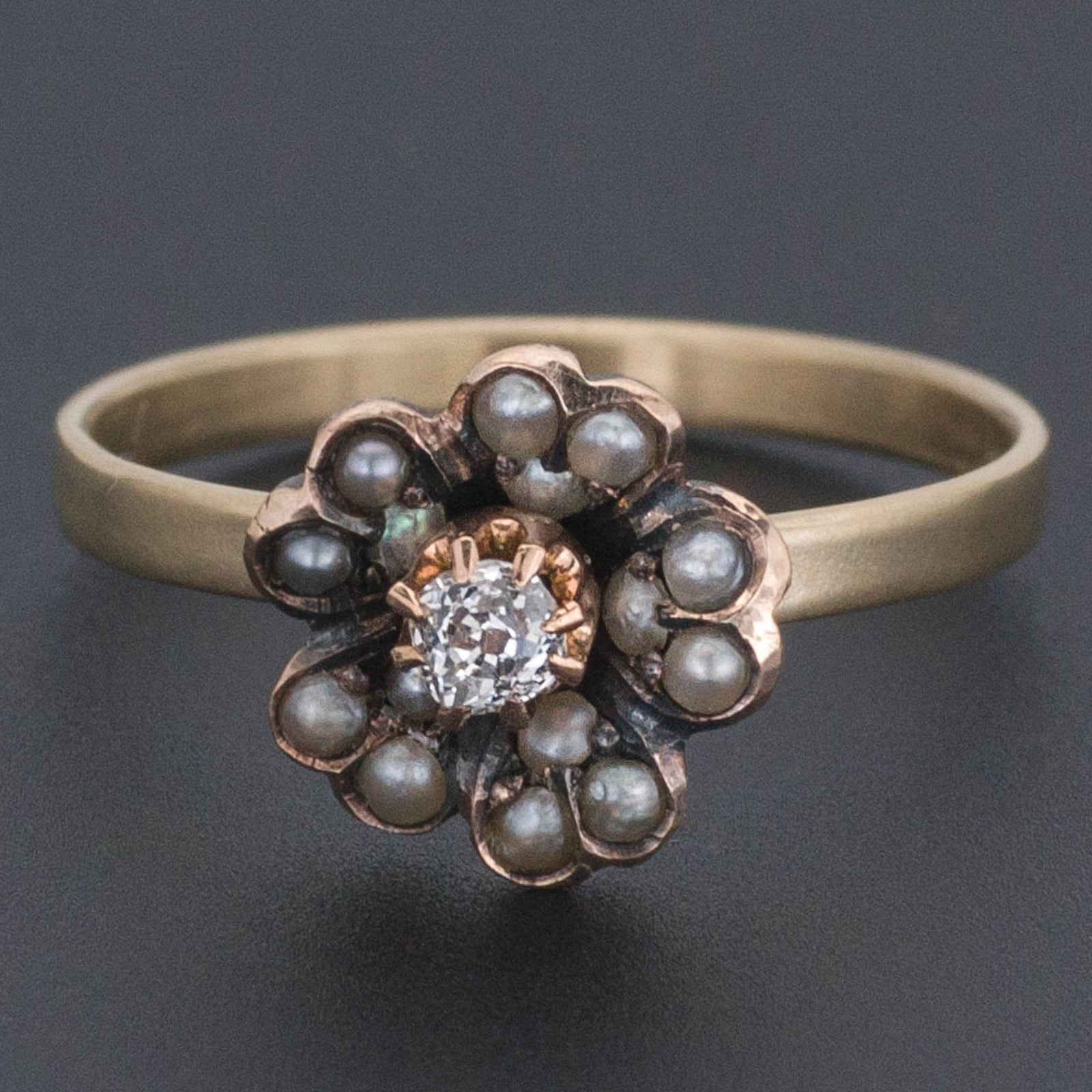 Antique Diamond and Pearl Flower Conversion Ring of 14k Gold and Silver - Trademark Antiques