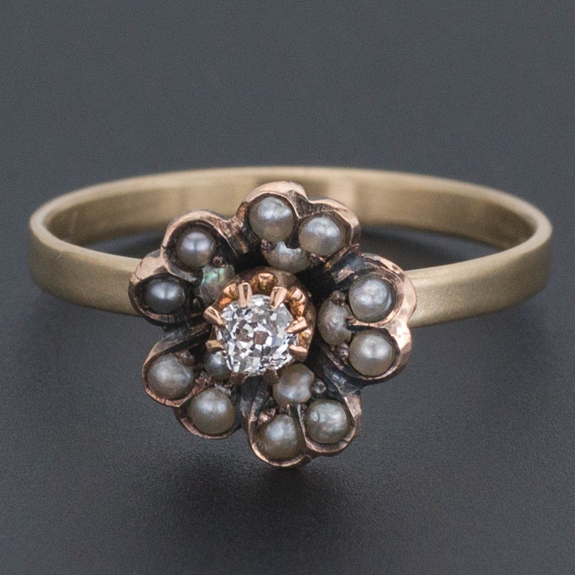 Antique Diamond and Pearl Flower Conversion Ring of 14k Gold and Silver - Trademark Antiques