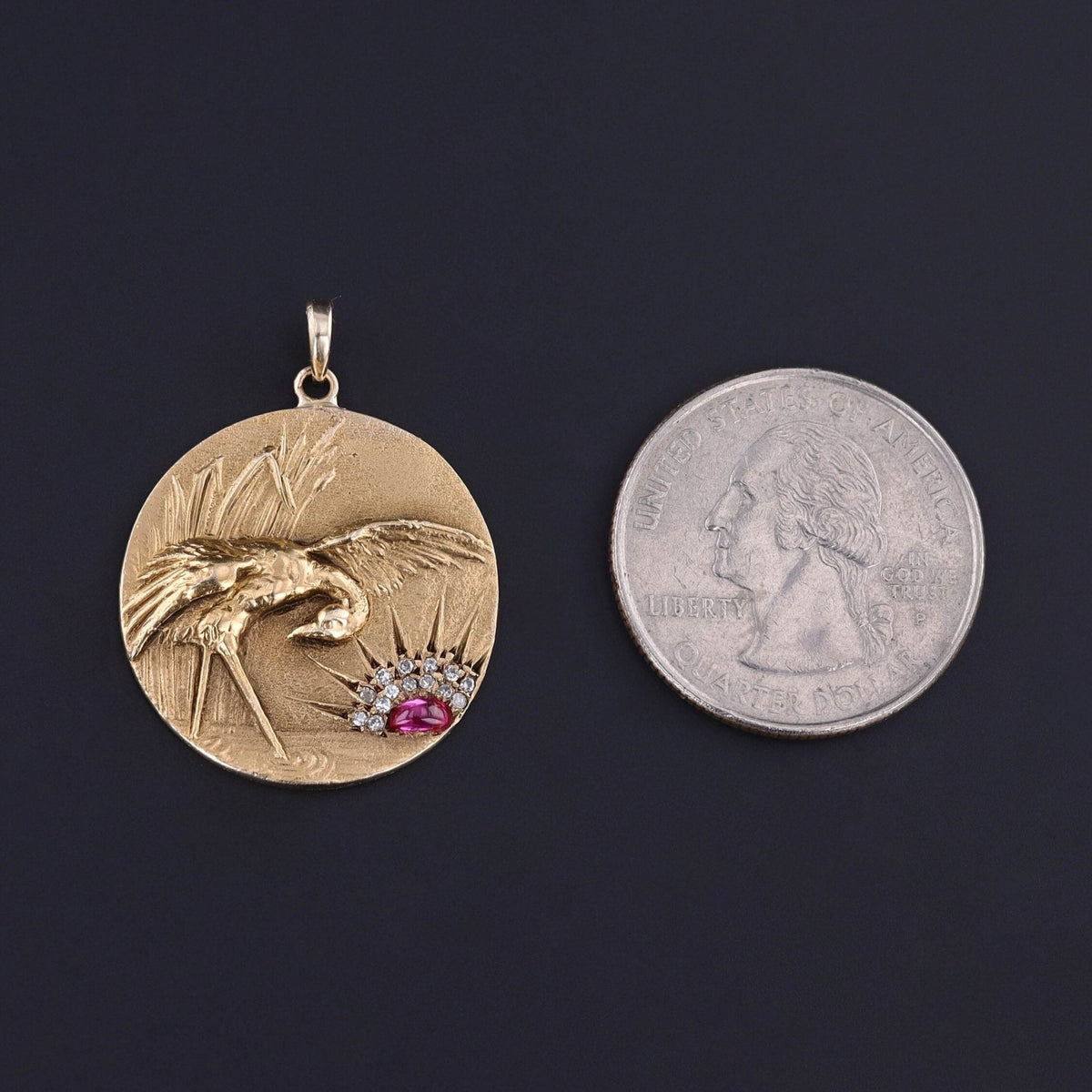 Antique Diamond and Ruby Crane Pendant of 14k Gold - Trademark Antiques