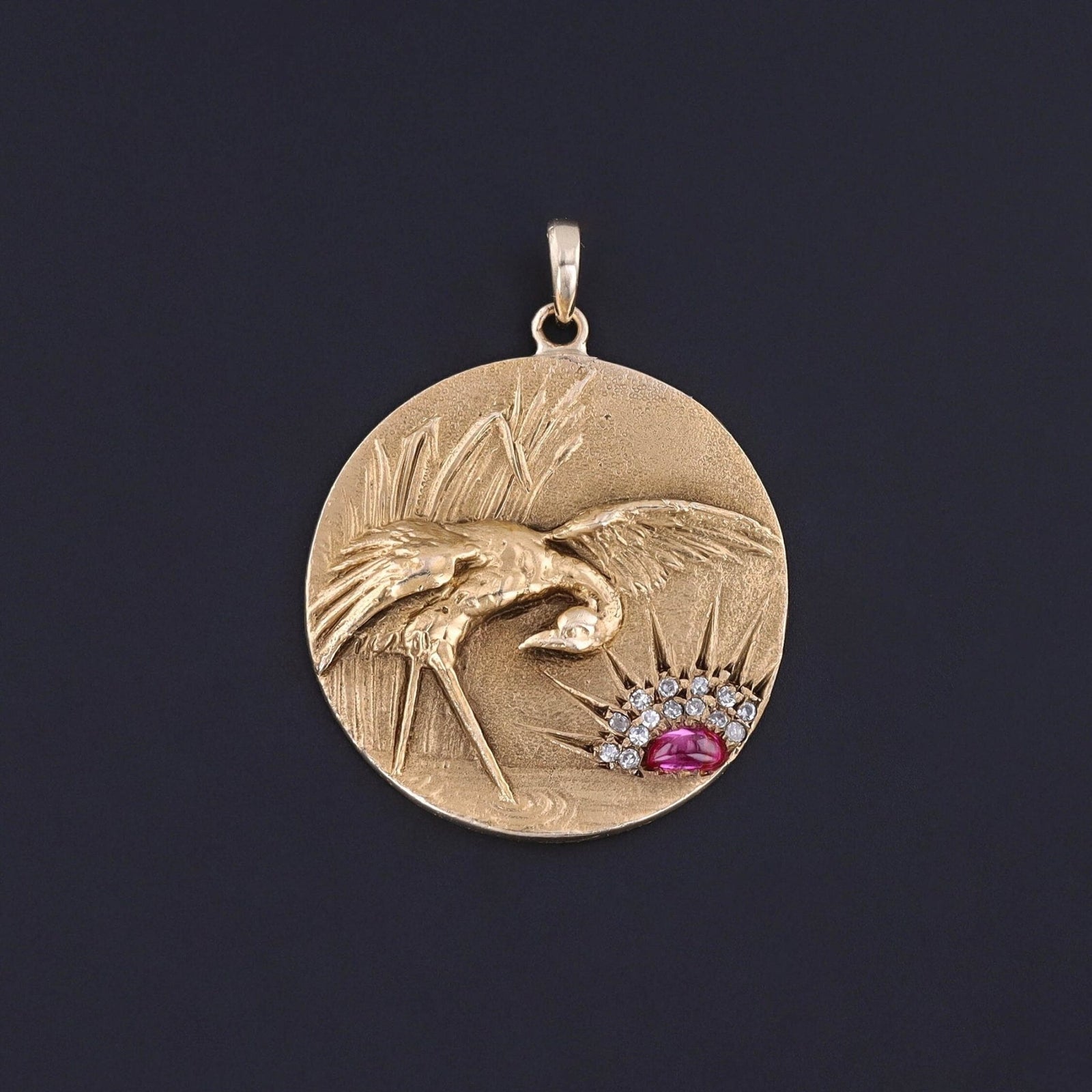 Antique Diamond and Ruby Crane Pendant of 14k Gold - Trademark Antiques