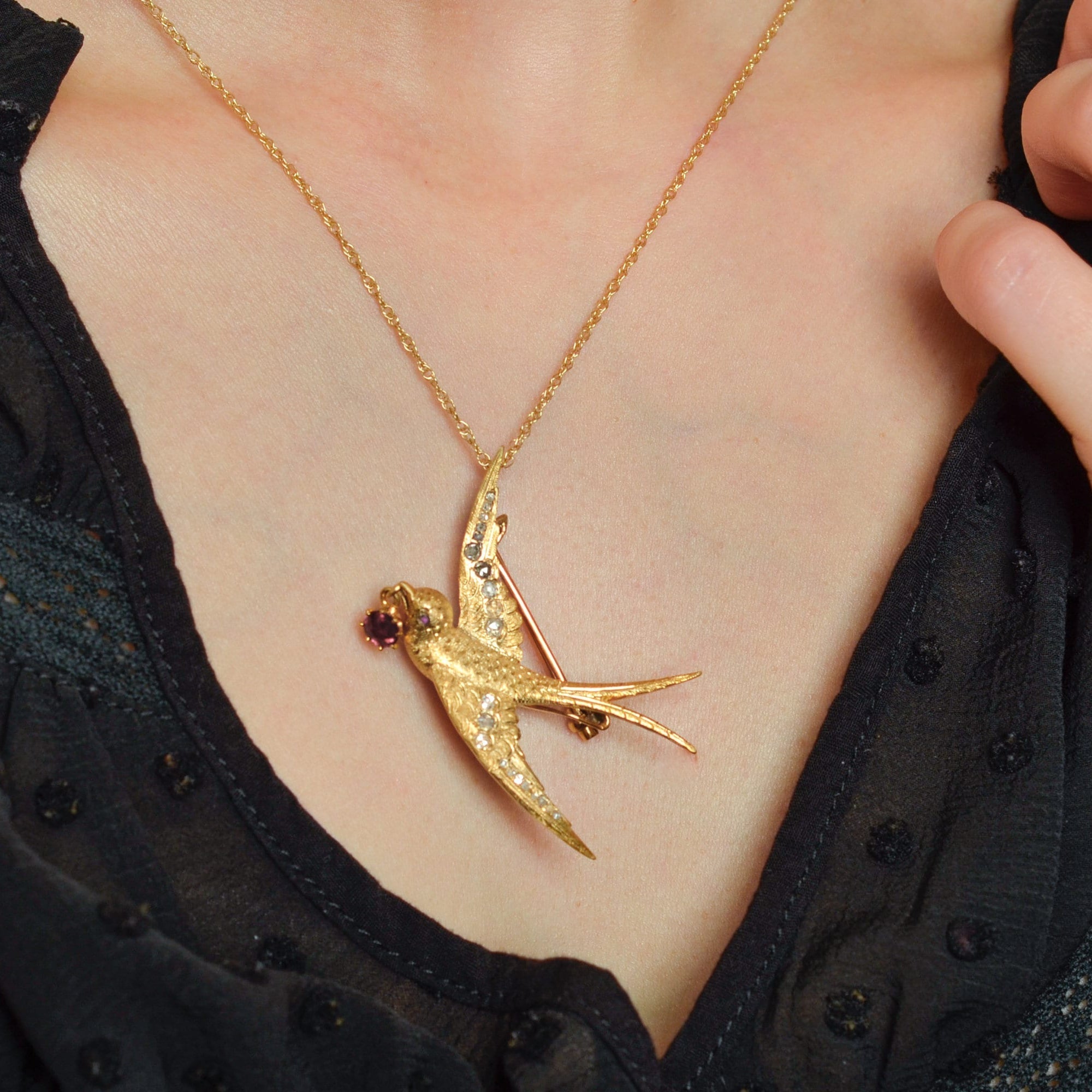 タイニークラウン bird pendant*gold + ruby Antique Diamond and Ruby Swallow Bird Pendant or Brooch of 14k