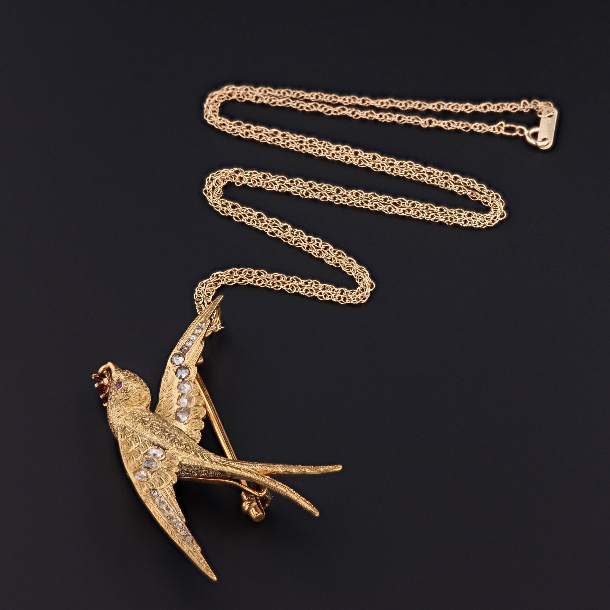 Antique Diamond and Ruby Swallow Bird Pendant or Brooch of 14k