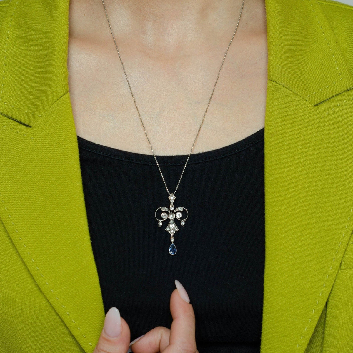 Antique Diamond and Sapphire Pendant | Silver Topped 14k Gold Pendant on Optional 14k Chain - Trademark Antiques
