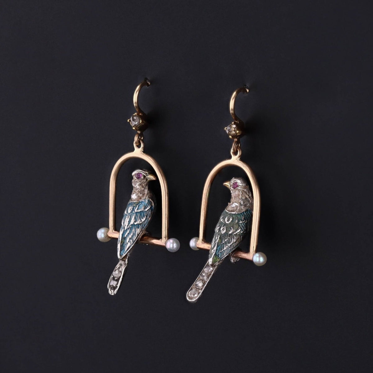 Antique Diamond Bird Conversion Earrings of 14k Gold - Trademark Antiques