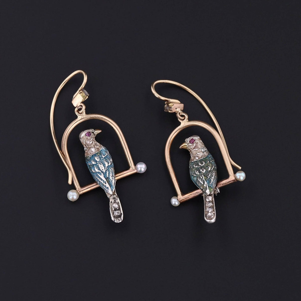 Antique Diamond Bird Conversion Earrings of 14k Gold - Trademark Antiques