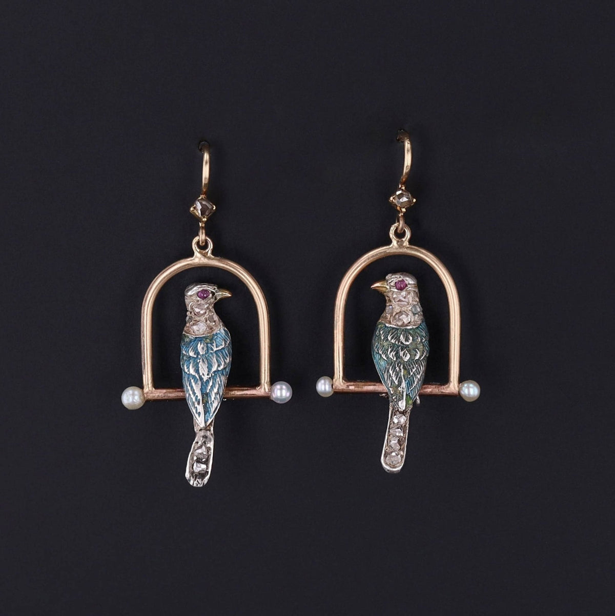 Antique Diamond Bird Conversion Earrings of 14k Gold - Trademark Antiques