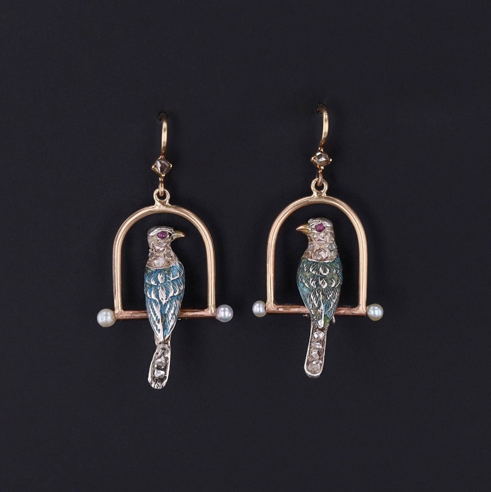 Antique Diamond Bird Conversion Earrings of 14k Gold - Trademark Antiques