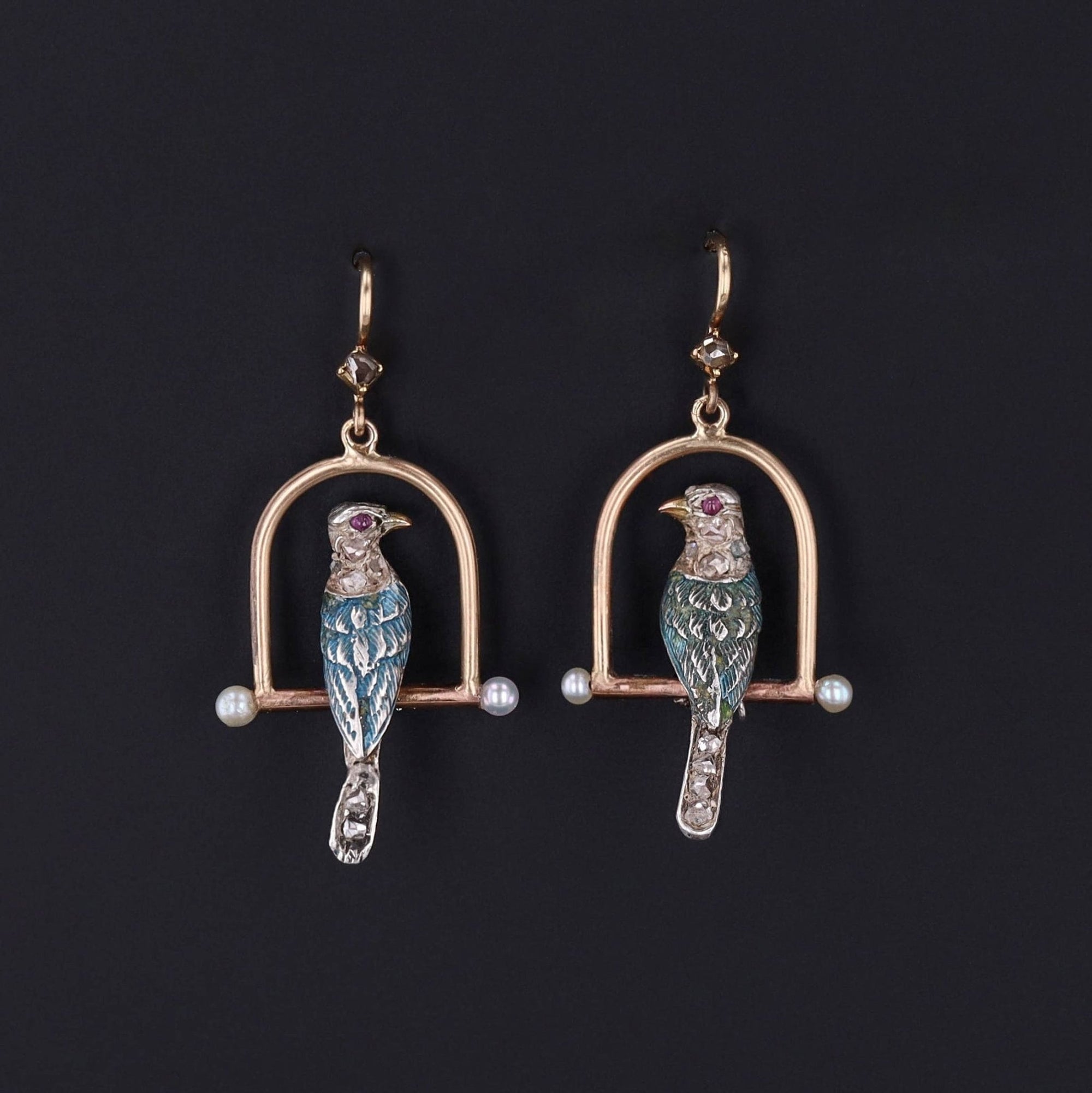 Antique Diamond Bird Conversion Earrings of 14k Gold - Trademark Antiques