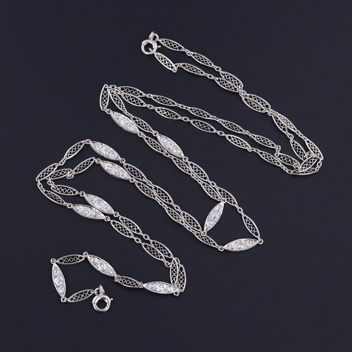 Antique Diamond Filigree Watch Chain of Platinum - Trademark Antiques