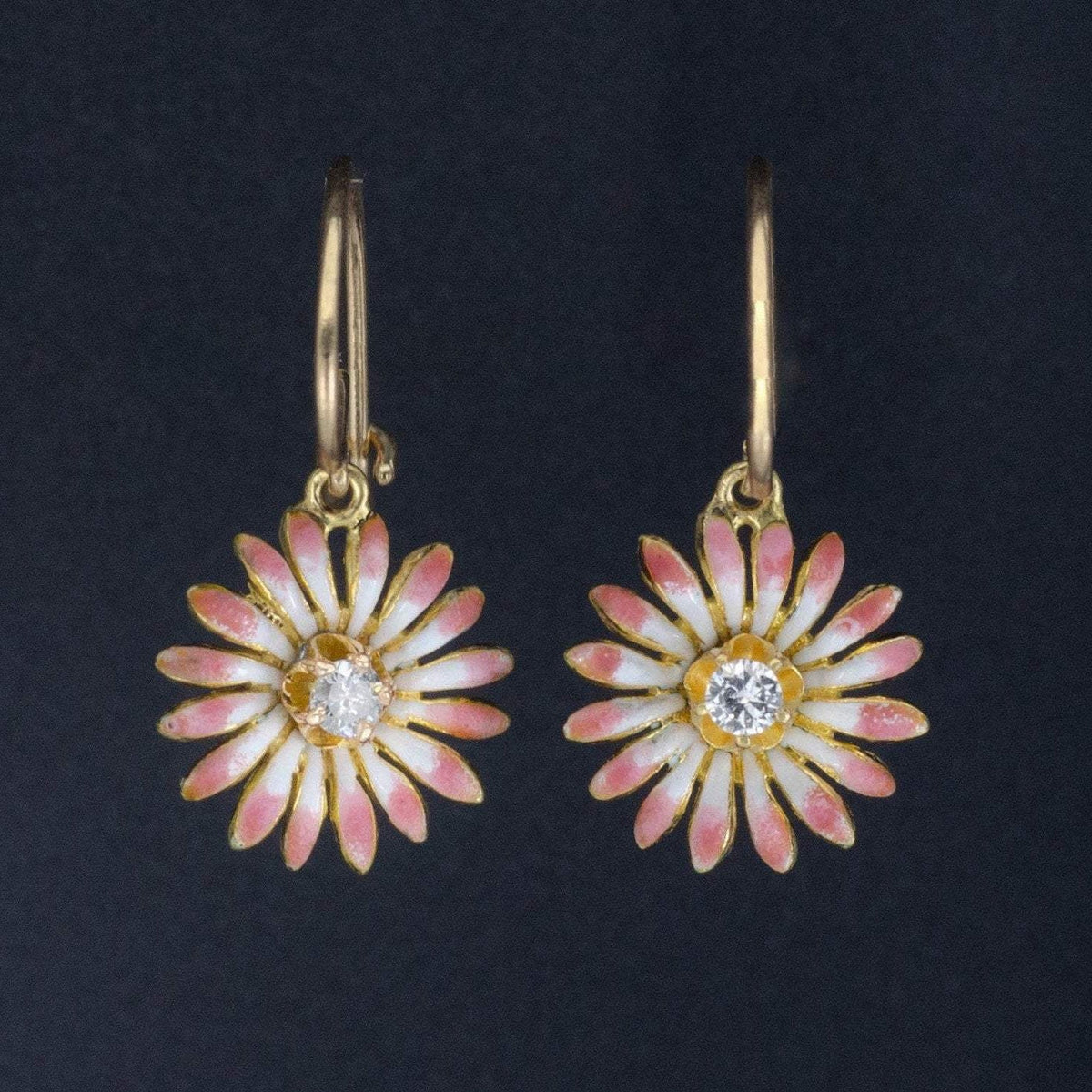 Antique Diamond Flower Earrings | 14k Gold &amp; Pink Enamel Flower Earrings - Trademark Antiques