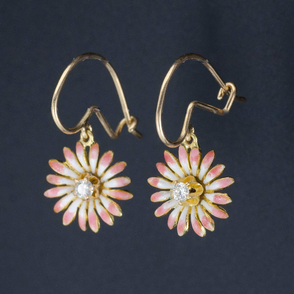 Antique Diamond Flower Earrings | 14k Gold &amp; Pink Enamel Flower Earrings - Trademark Antiques
