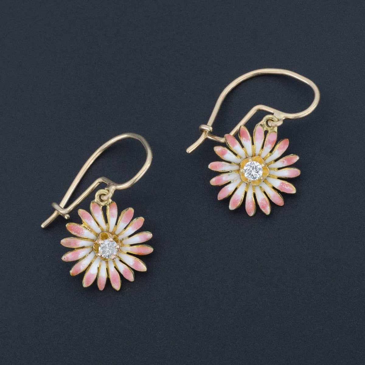 Antique Diamond Flower Earrings | 14k Gold &amp; Pink Enamel Flower Earrings - Trademark Antiques