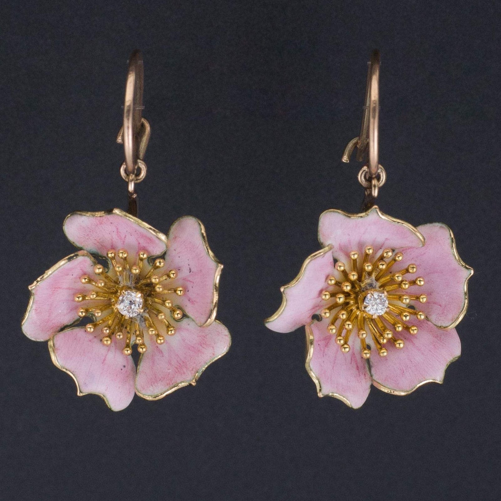 Antique Diamond Flower Earrings | Pink Enamel Flower Earrings - Trademark Antiques
