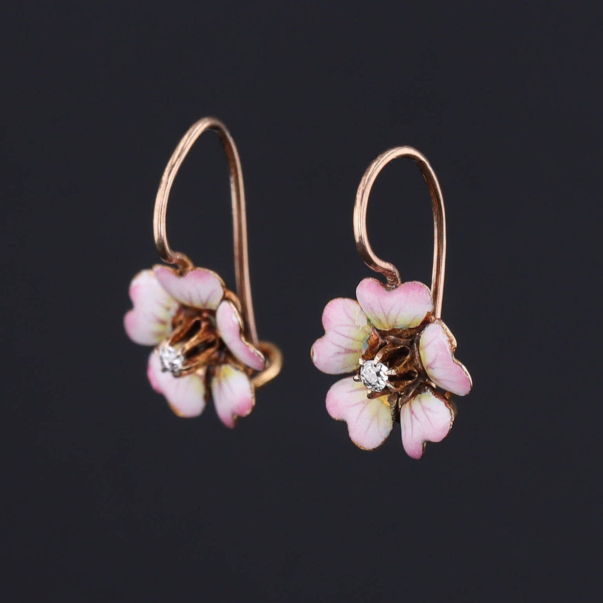 Antique Diamond Flower Earrings | Pink Enamel Flower Earrings - Trademark Antiques