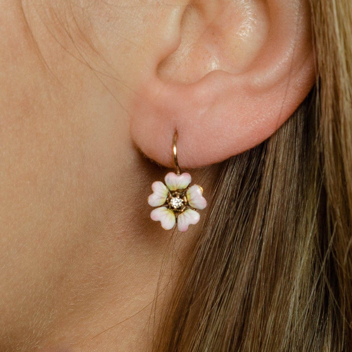 Antique Diamond Flower Earrings | Pink Enamel Flower Earrings - Trademark Antiques