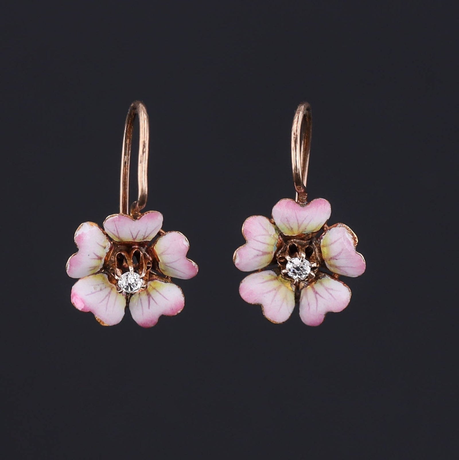 Antique Diamond Flower Earrings | Pink Enamel Flower Earrings - Trademark Antiques