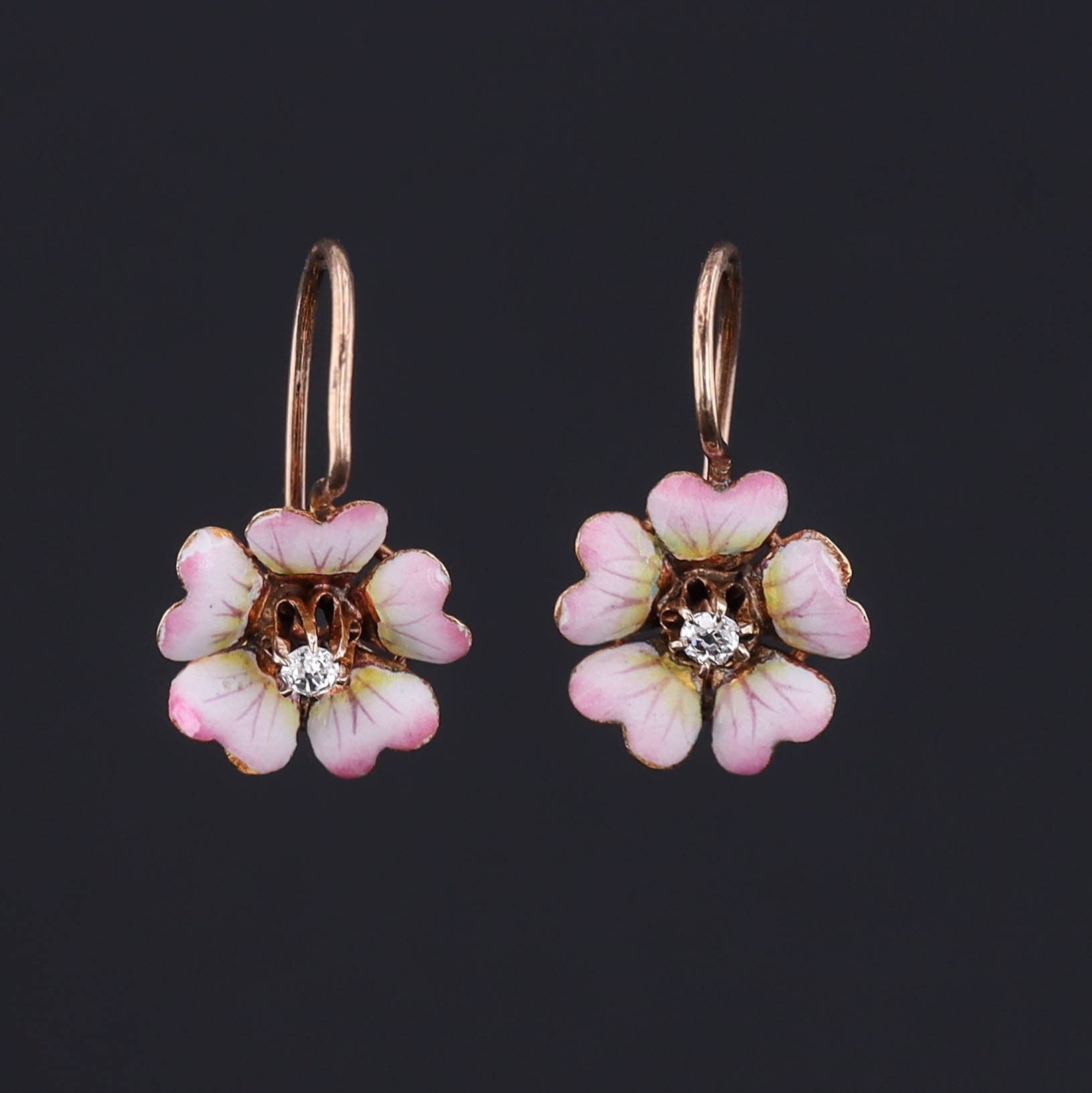 Antique Diamond Flower Earrings | Pink Enamel Flower Earrings - Trademark Antiques