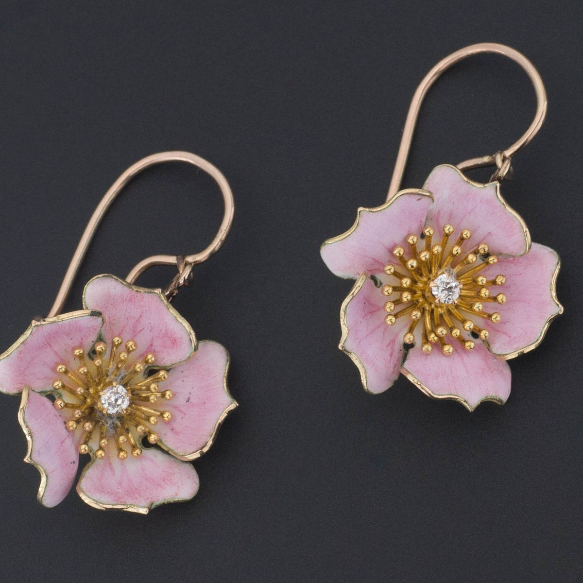 Antique Diamond Flower Earrings | Pink Enamel Flower Earrings - Trademark Antiques