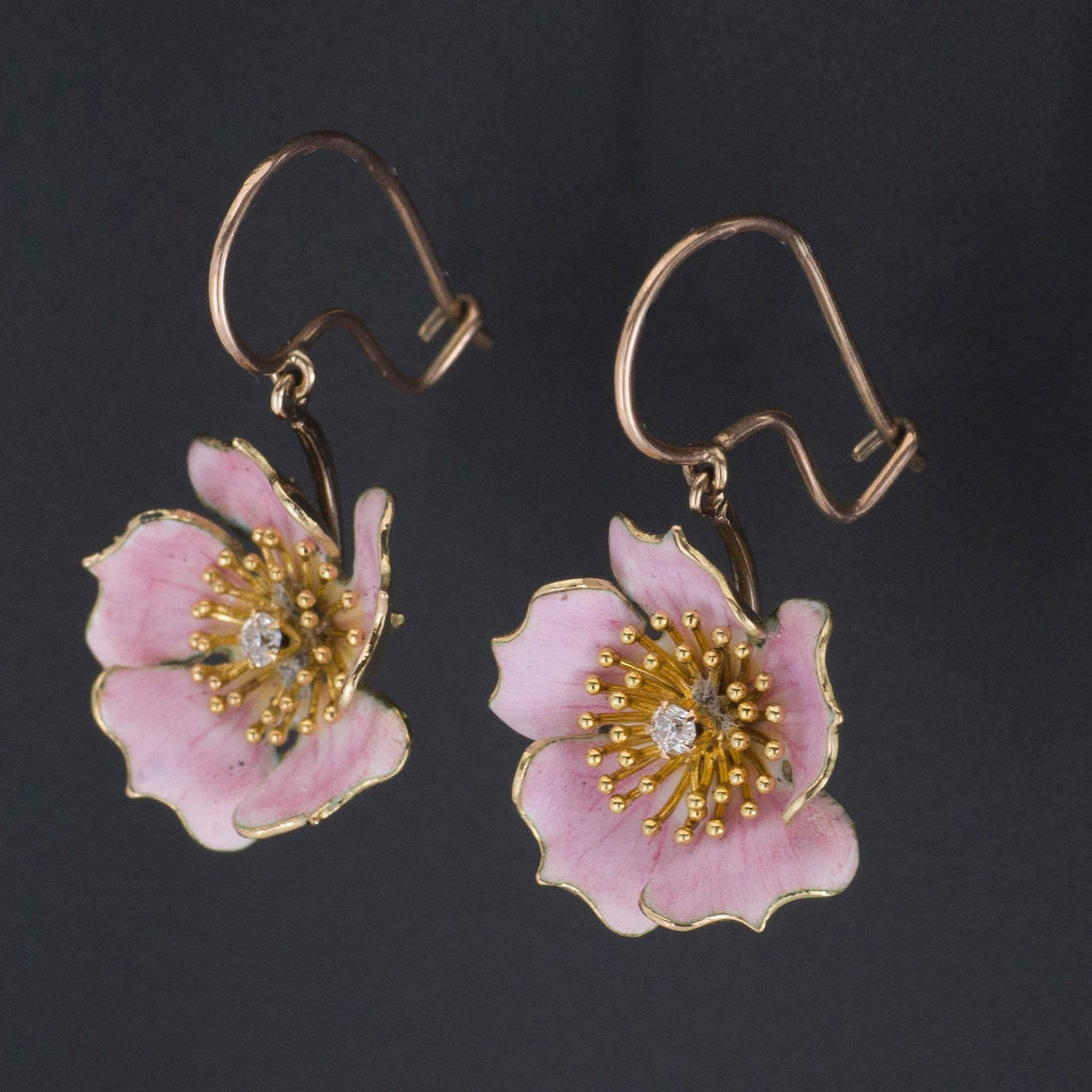 Antique Diamond Flower Earrings | Pink Enamel Flower Earrings - Trademark Antiques