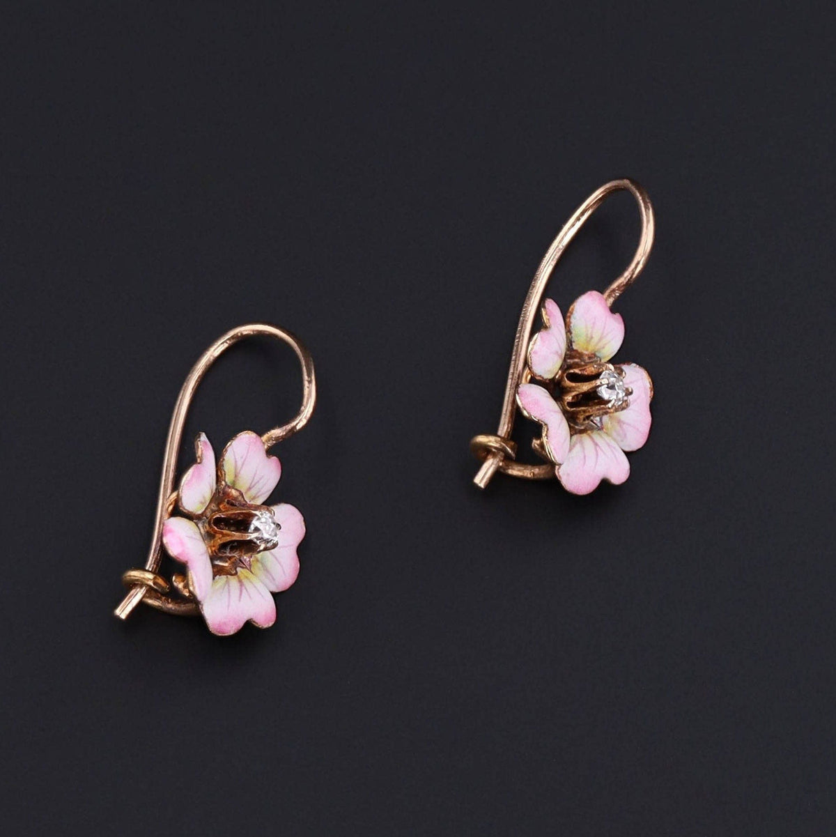 Antique Diamond Flower Earrings | Pink Enamel Flower Earrings - Trademark Antiques