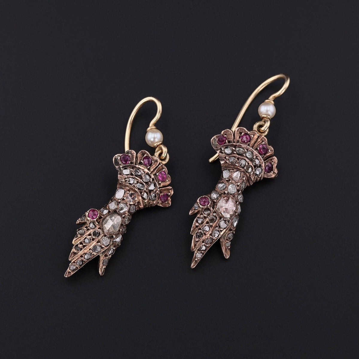 Antique Diamond Hand Earrings with Ruby Accents with 14k Gold Ear Wires - Trademark Antiques