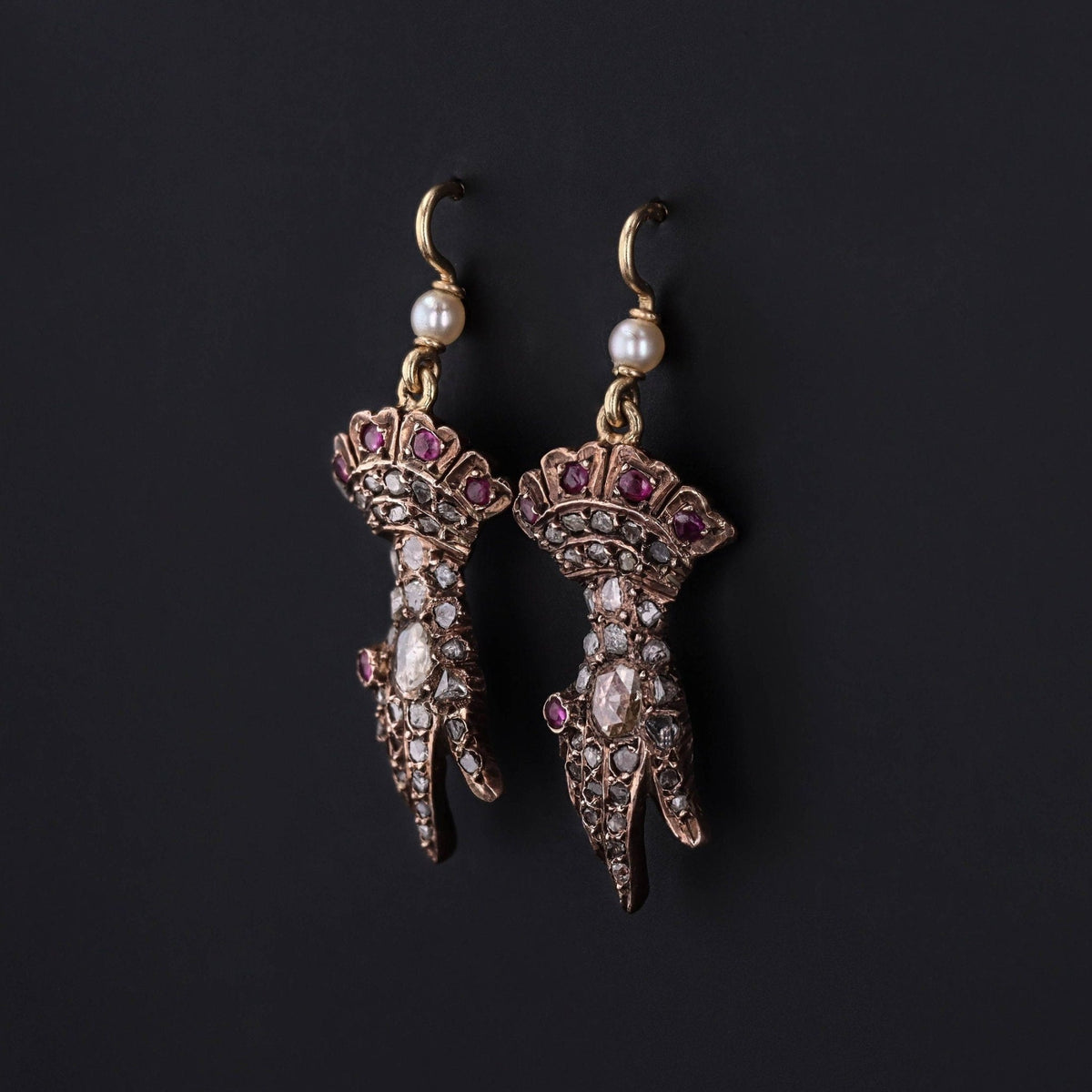 Antique Diamond Hand Earrings with Ruby Accents with 14k Gold Ear Wires - Trademark Antiques
