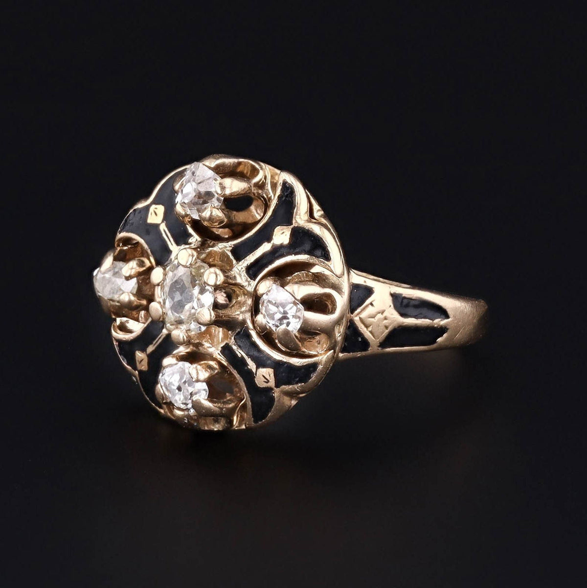 Antique Diamond Ring | 14k Gold, Diamond &amp; Black Enamel Ring - Trademark Antiques