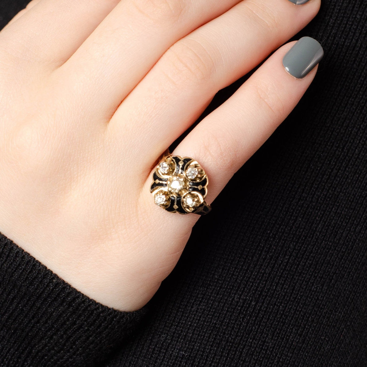 Antique Diamond Ring | 14k Gold, Diamond &amp; Black Enamel Ring - Trademark Antiques