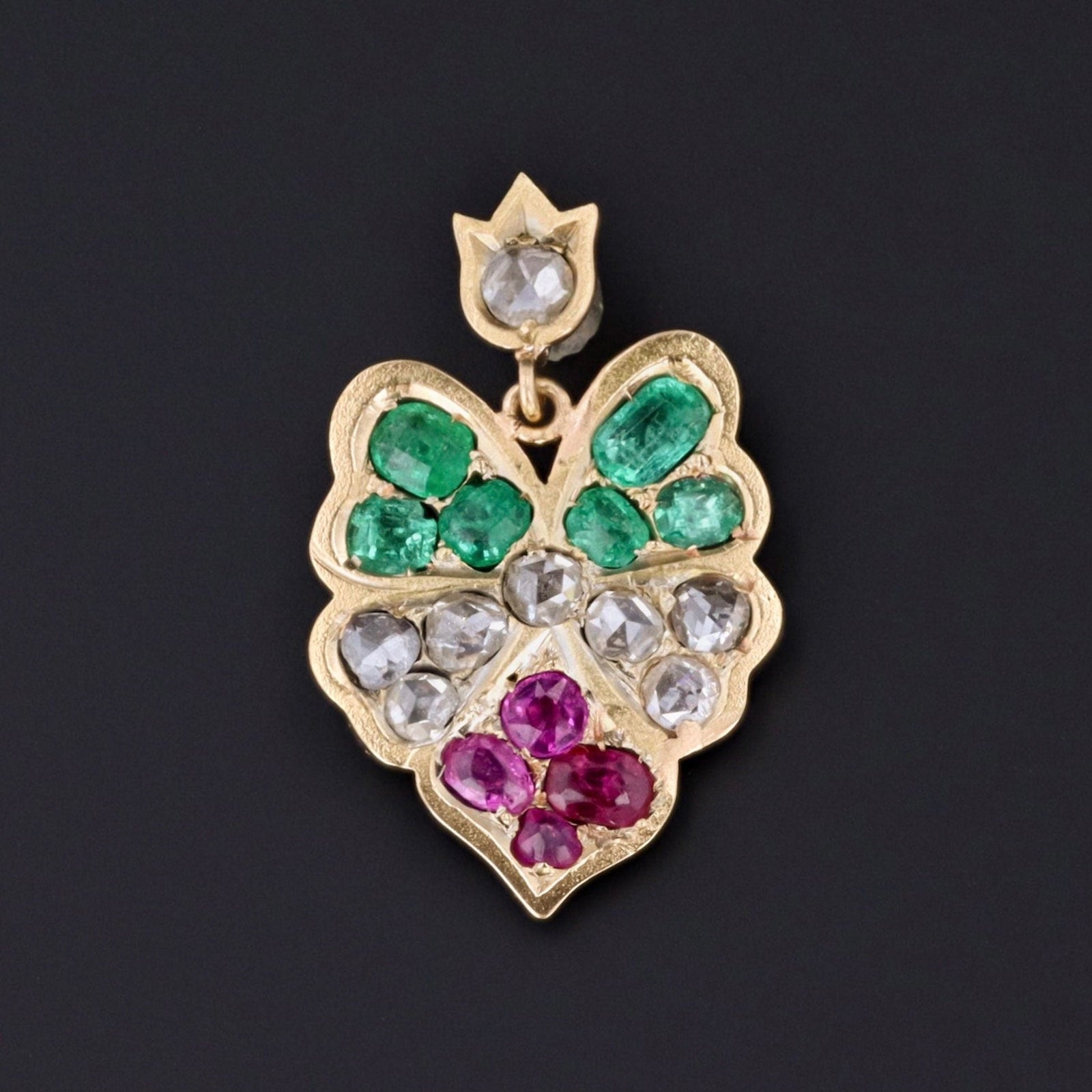 Antique Diamond, Ruby and Emerald Flower Pendant of 14k Gold - Trademark Antiques