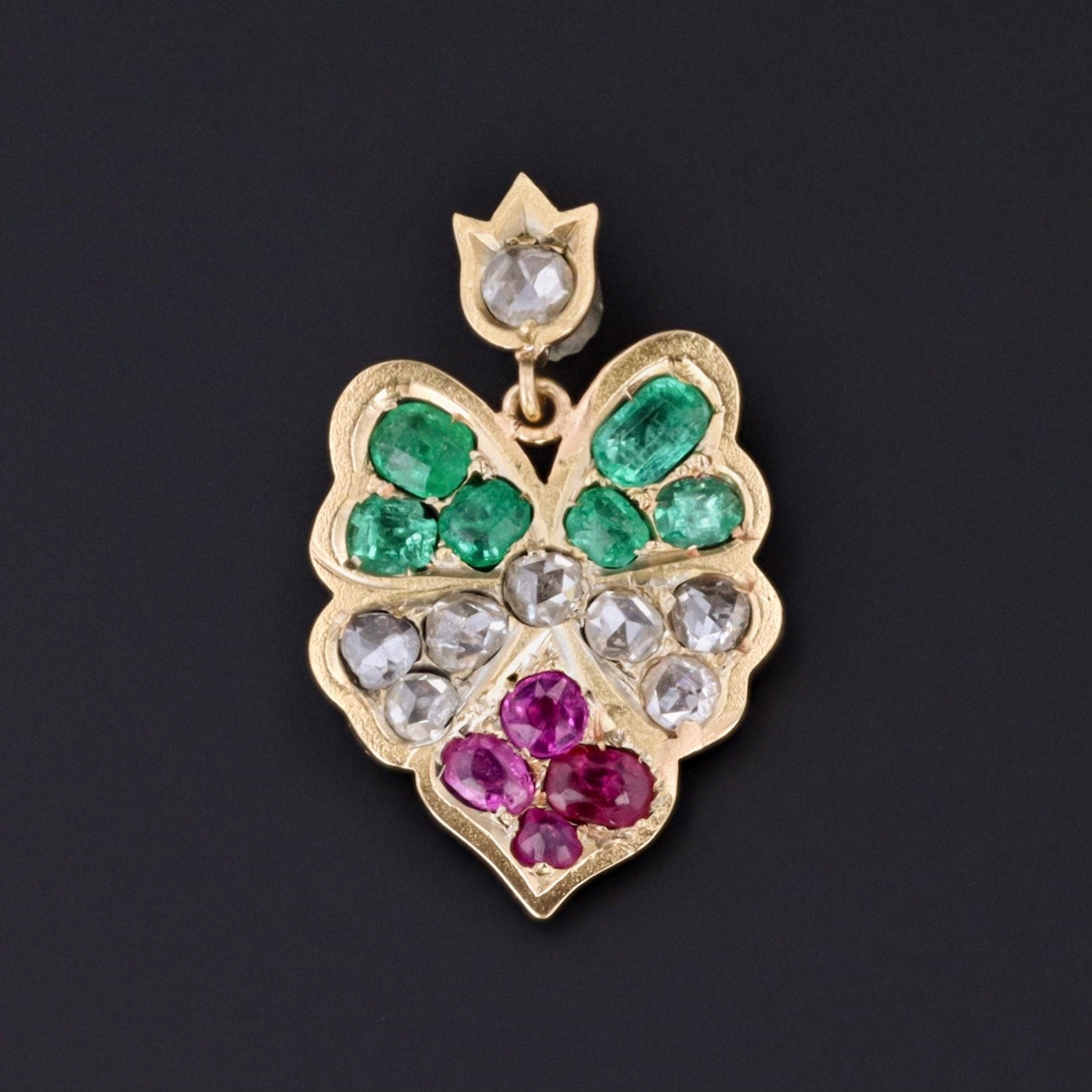 Antique Diamond, Ruby and Emerald Flower Pendant of 14k Gold - Trademark Antiques