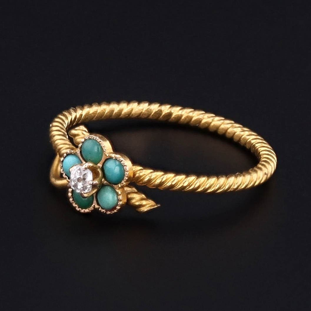 Antique Diamond &amp; Turquoise Forget - me - Not Flower Ring | 14k Gold Ring - Trademark Antiques