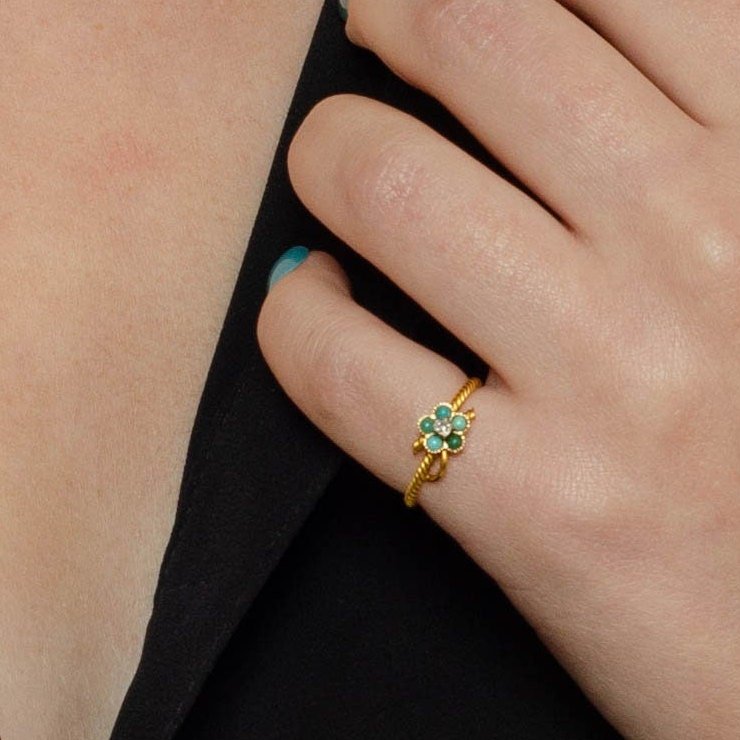 Antique Diamond &amp; Turquoise Forget - me - Not Flower Ring | 14k Gold Ring - Trademark Antiques