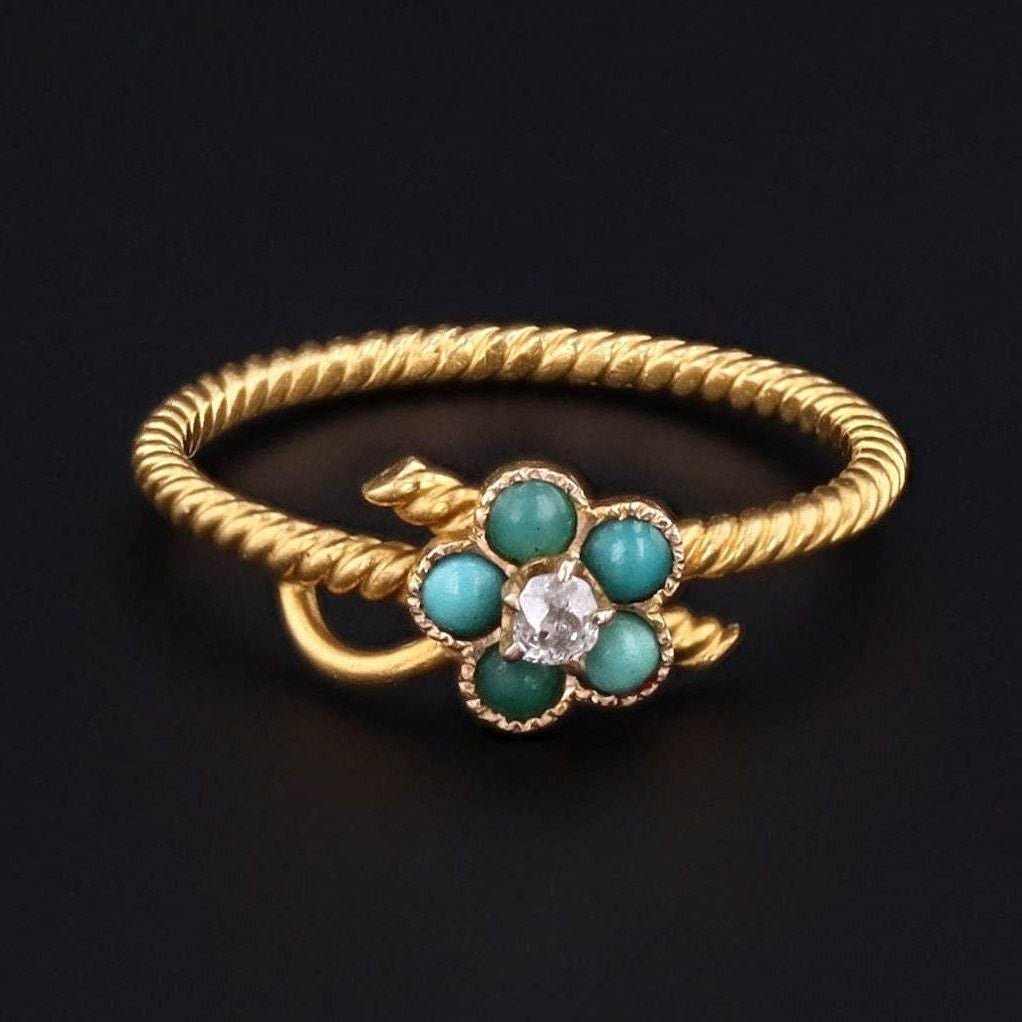 Antique Diamond &amp; Turquoise Forget - me - Not Flower Ring | 14k Gold Ring - Trademark Antiques