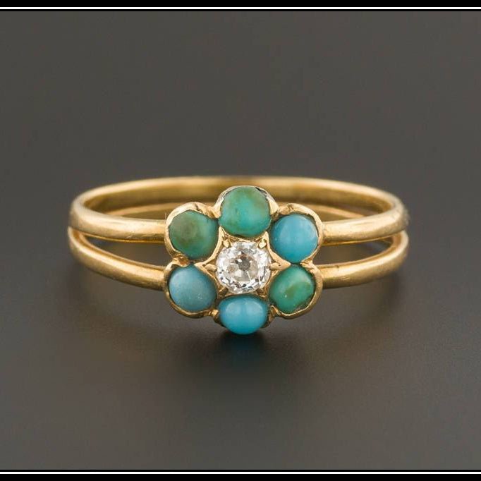 Antique Diamond &amp; Turquoise Forget - me - Not Flower Ring | 18k Gold Ring - Trademark Antiques