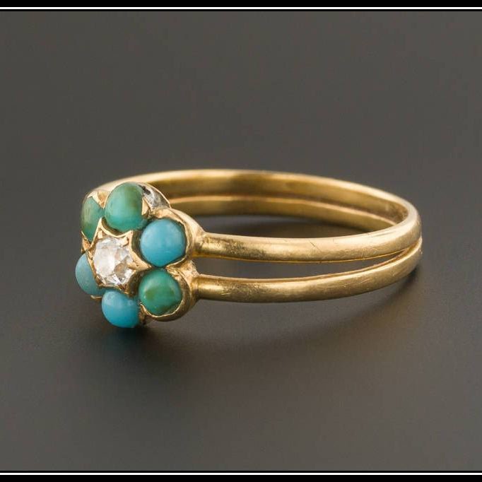 Antique Diamond &amp; Turquoise Forget - me - Not Flower Ring | 18k Gold Ring - Trademark Antiques