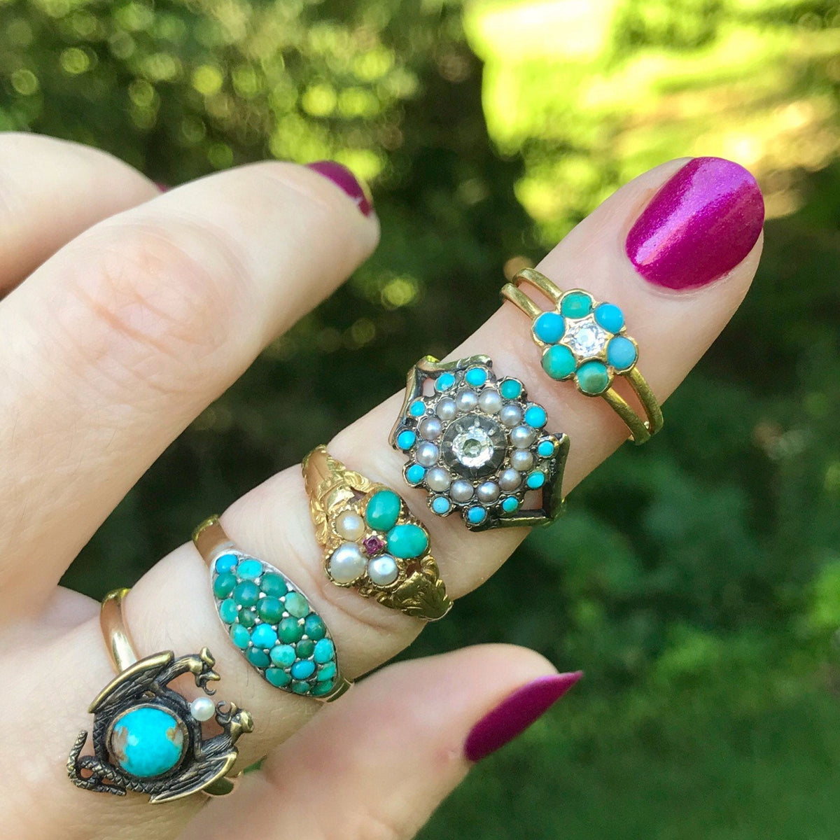 Antique Diamond &amp; Turquoise Forget - me - Not Flower Ring | 18k Gold Ring - Trademark Antiques