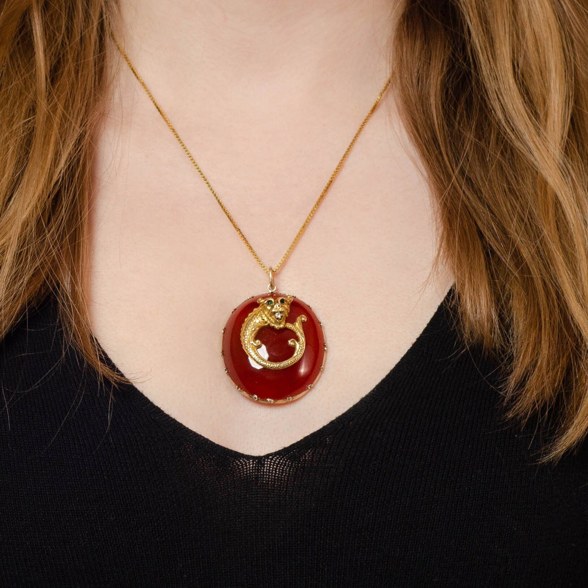 Antique Dragon Necklace | 14k Gold, Carnelian &amp; Diamond - Trademark Antiques