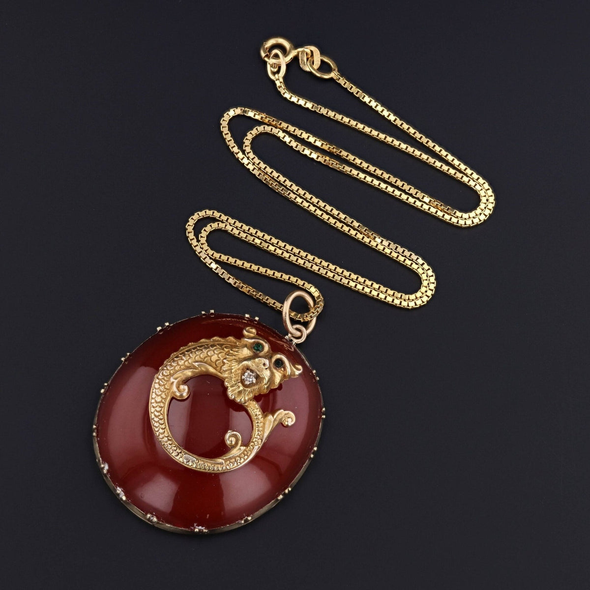 Antique Dragon Necklace | 14k Gold, Carnelian &amp; Diamond - Trademark Antiques