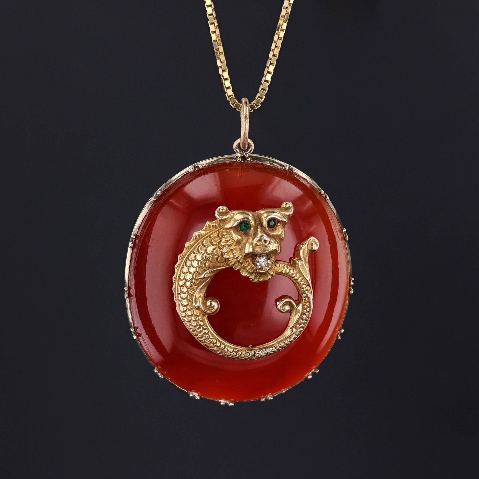 Antique Dragon Necklace | 14k Gold, Carnelian & Diamond - Trademark Antiques