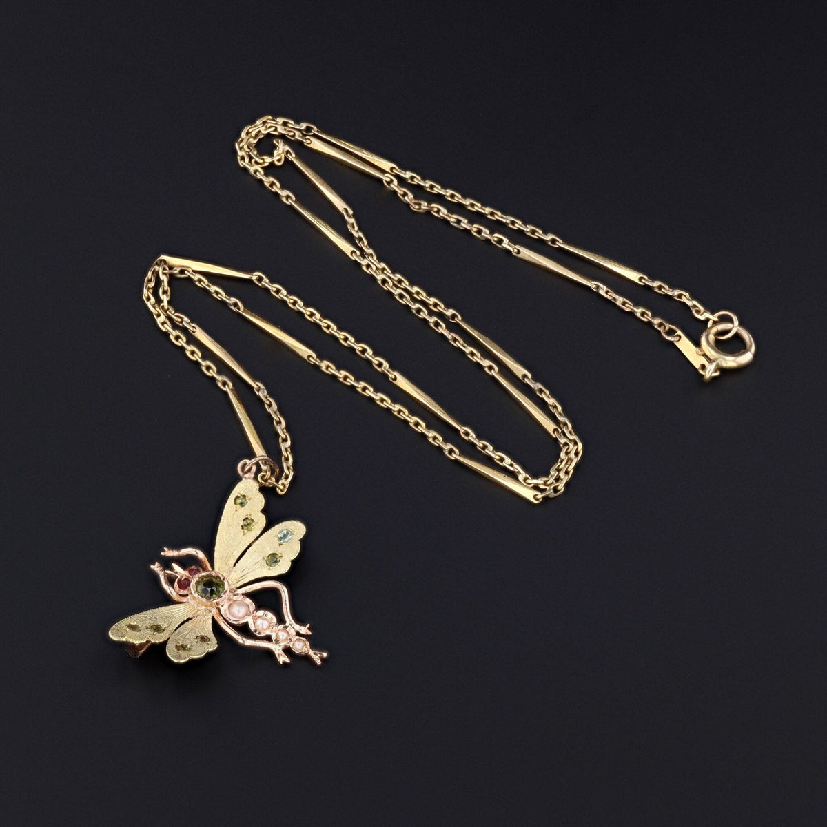 Antique Dragonfly Pendant | 14k Gold &amp; Gemstone Dragonfly on Optional 14k Chain - Trademark Antiques