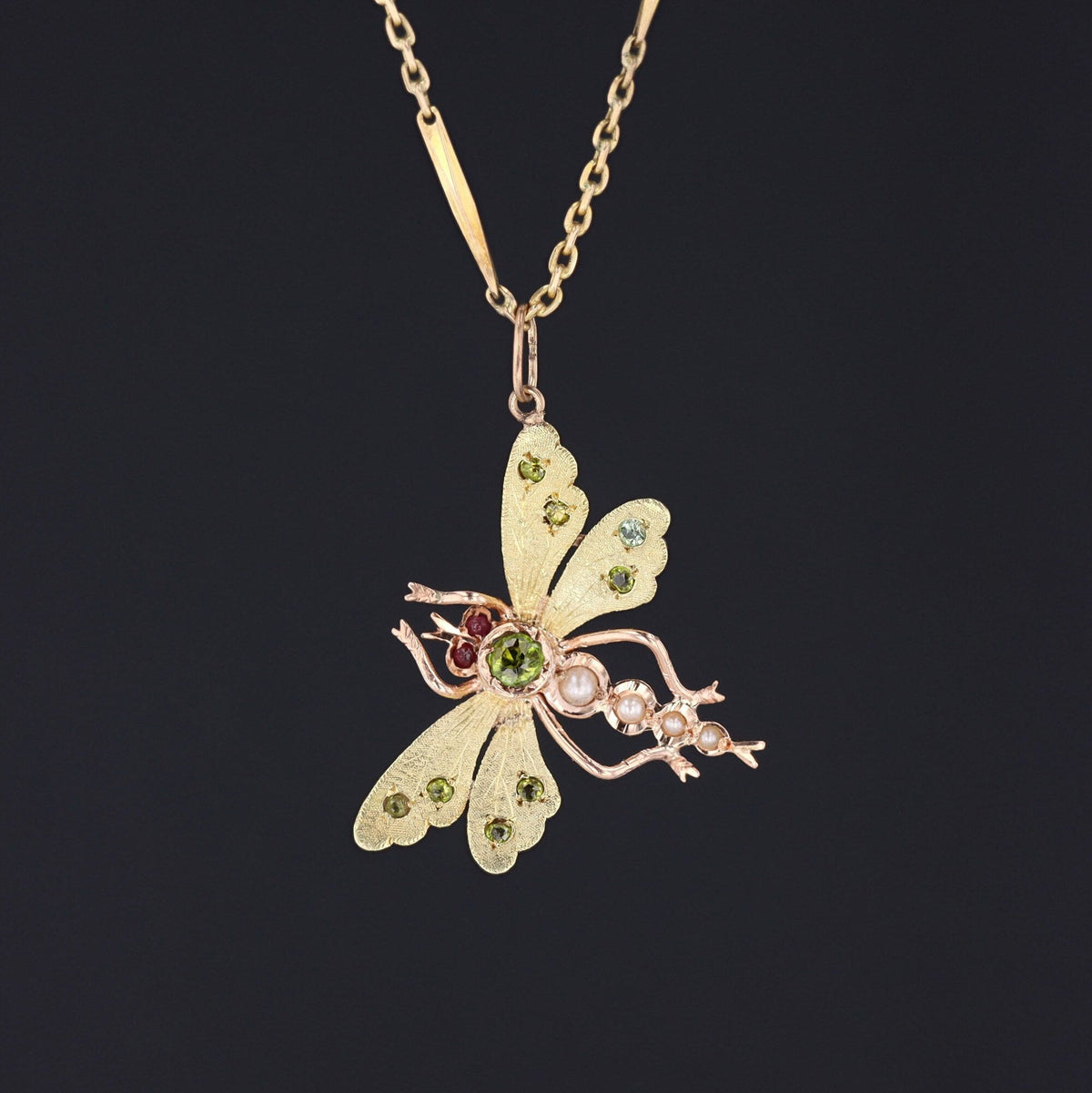Antique Dragonfly Pendant | 14k Gold &amp; Gemstone Dragonfly on Optional 14k Chain - Trademark Antiques