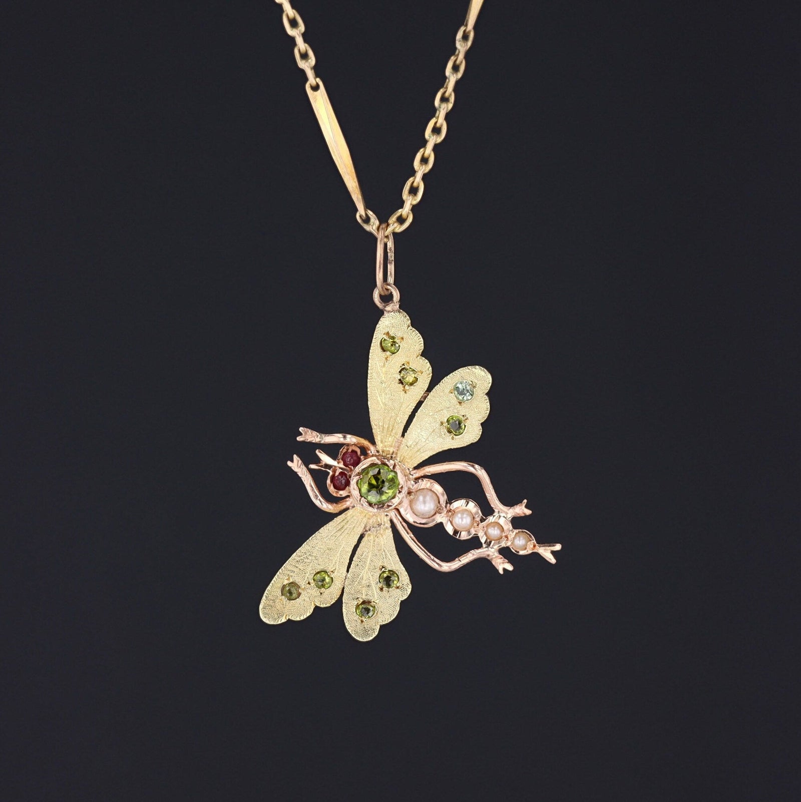Antique Dragonfly Pendant | 14k Gold & Gemstone Dragonfly on Optional 14k Chain - Trademark Antiques
