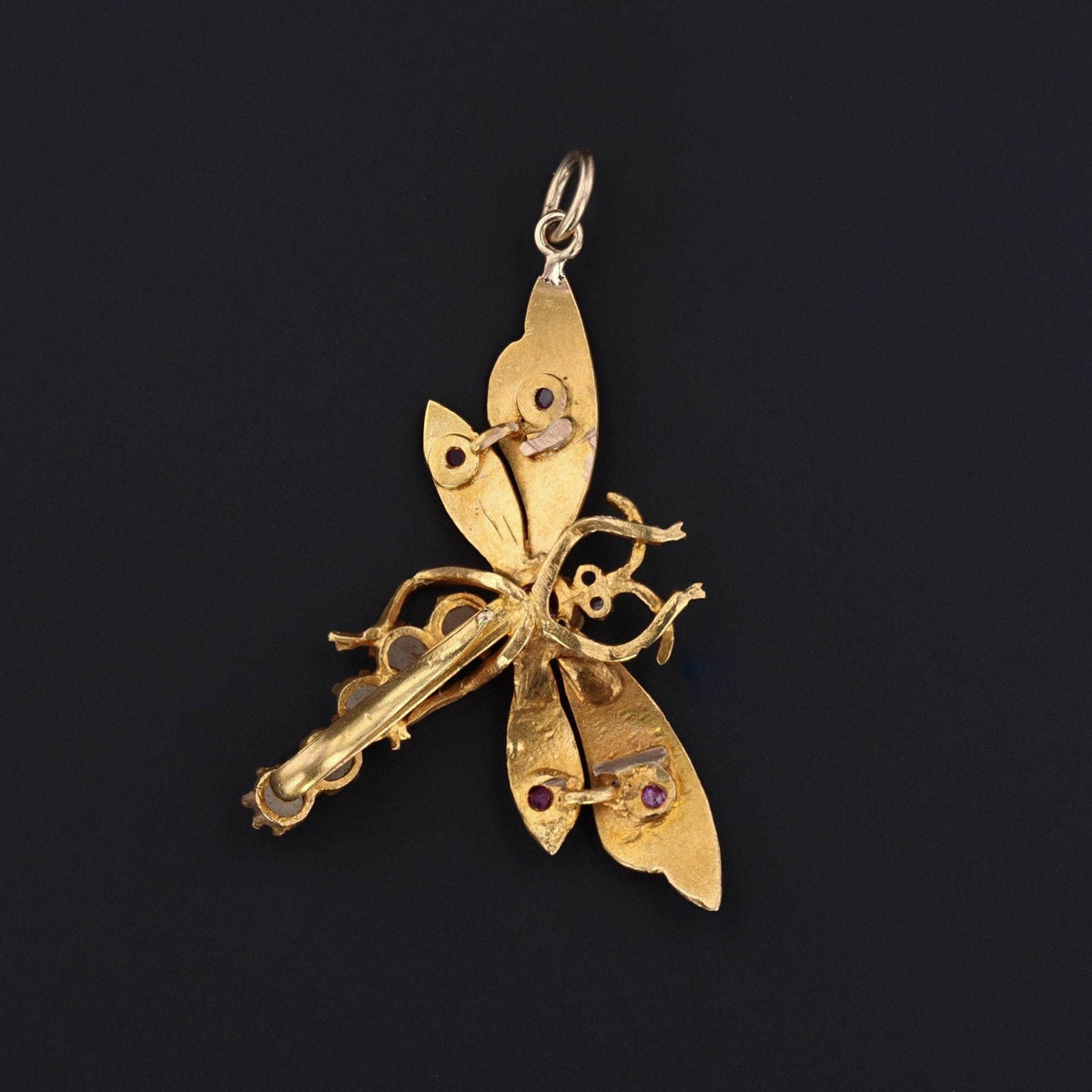 Antique Dragonfly Pendant | 18k Gold Pearl and Ruby Dragonfly Pendant - Trademark Antiques