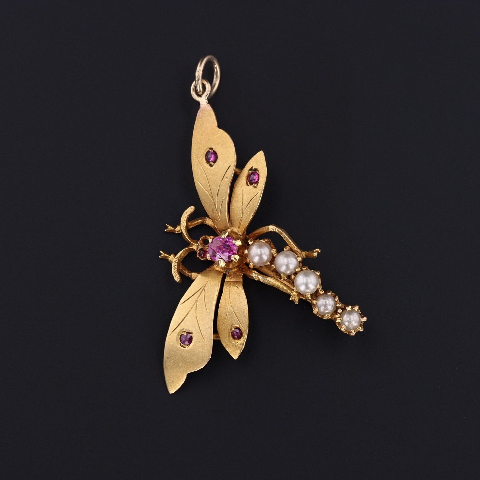 Antique Dragonfly Pendant | 18k Gold Pearl and Ruby Dragonfly Pendant - Trademark Antiques