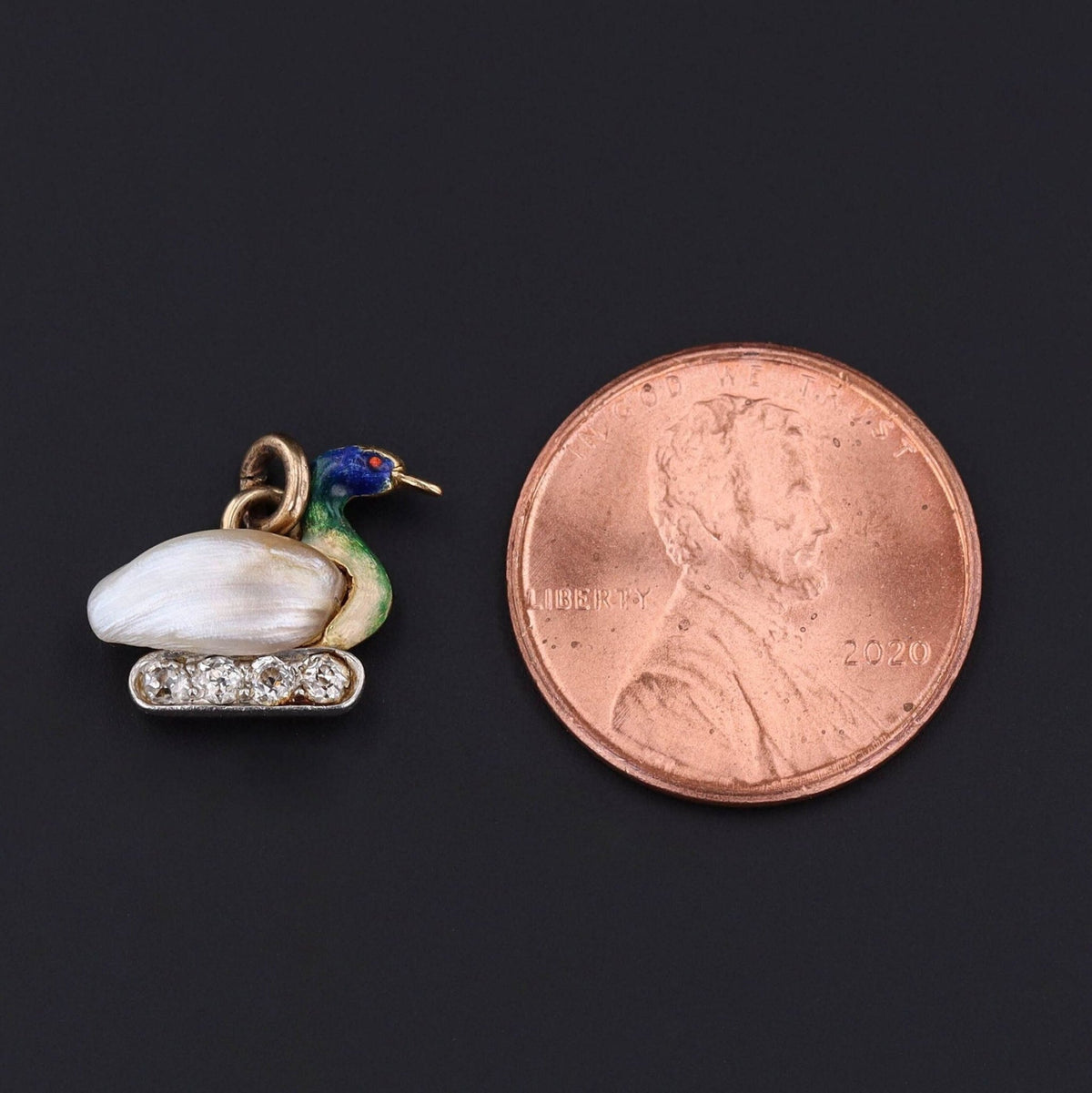 Antique Duck Charm | 14k Gold, Enamel, Pearl &amp; Diamond Charm - Trademark Antiques