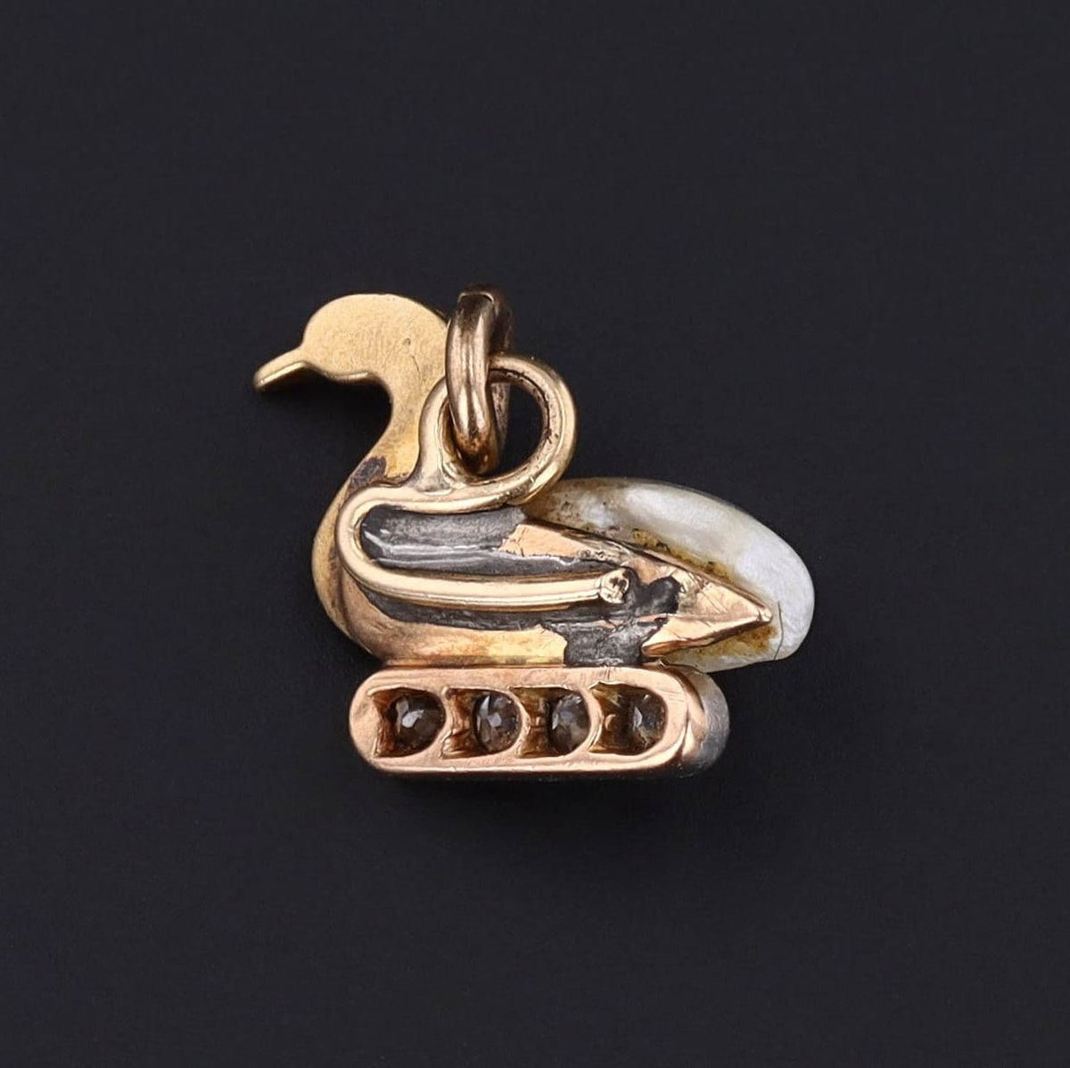 Antique Duck Charm | 14k Gold, Enamel, Pearl &amp; Diamond Charm - Trademark Antiques