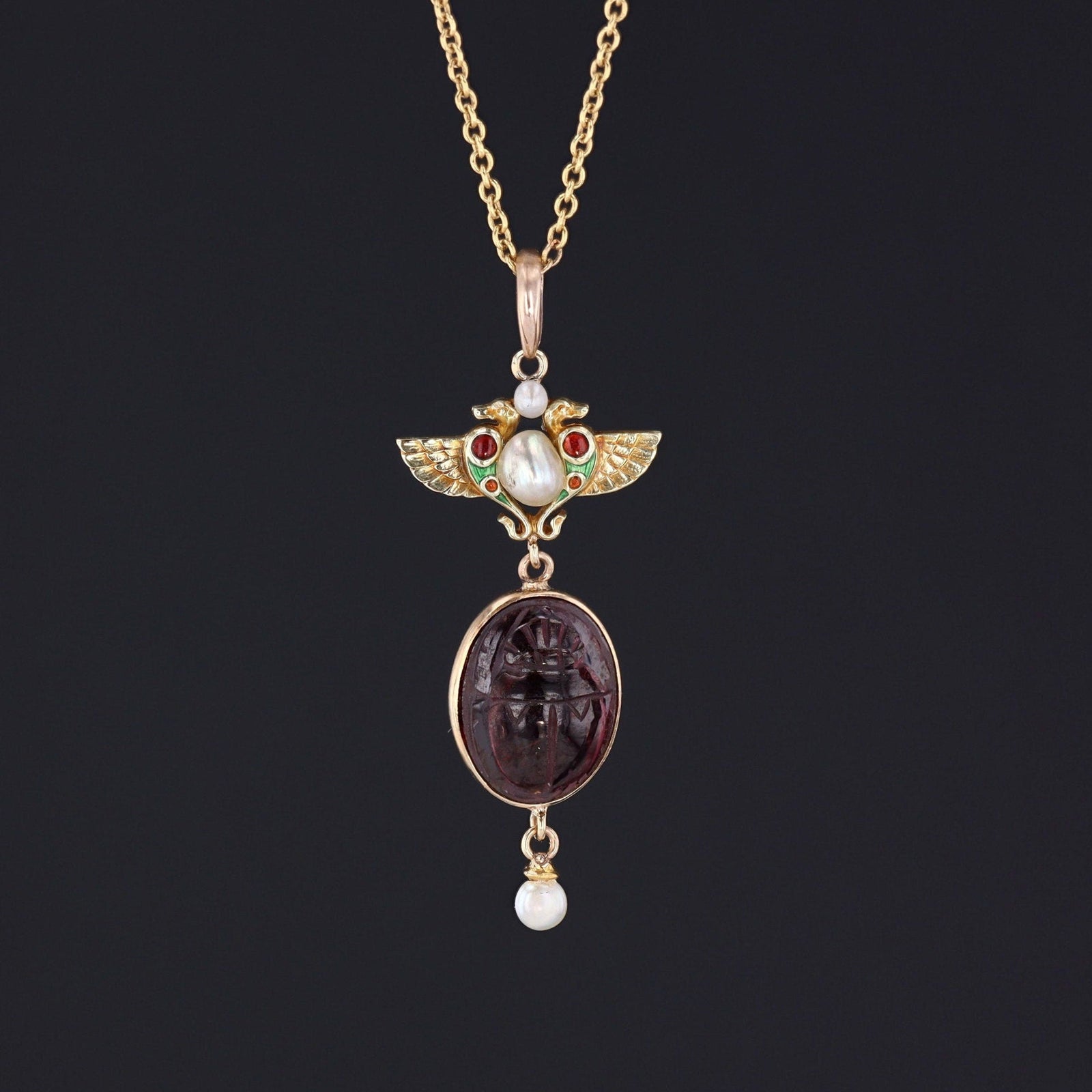 Antique Egyptian Revival Garnet Pendant of 14k Gold - Trademark Antiques